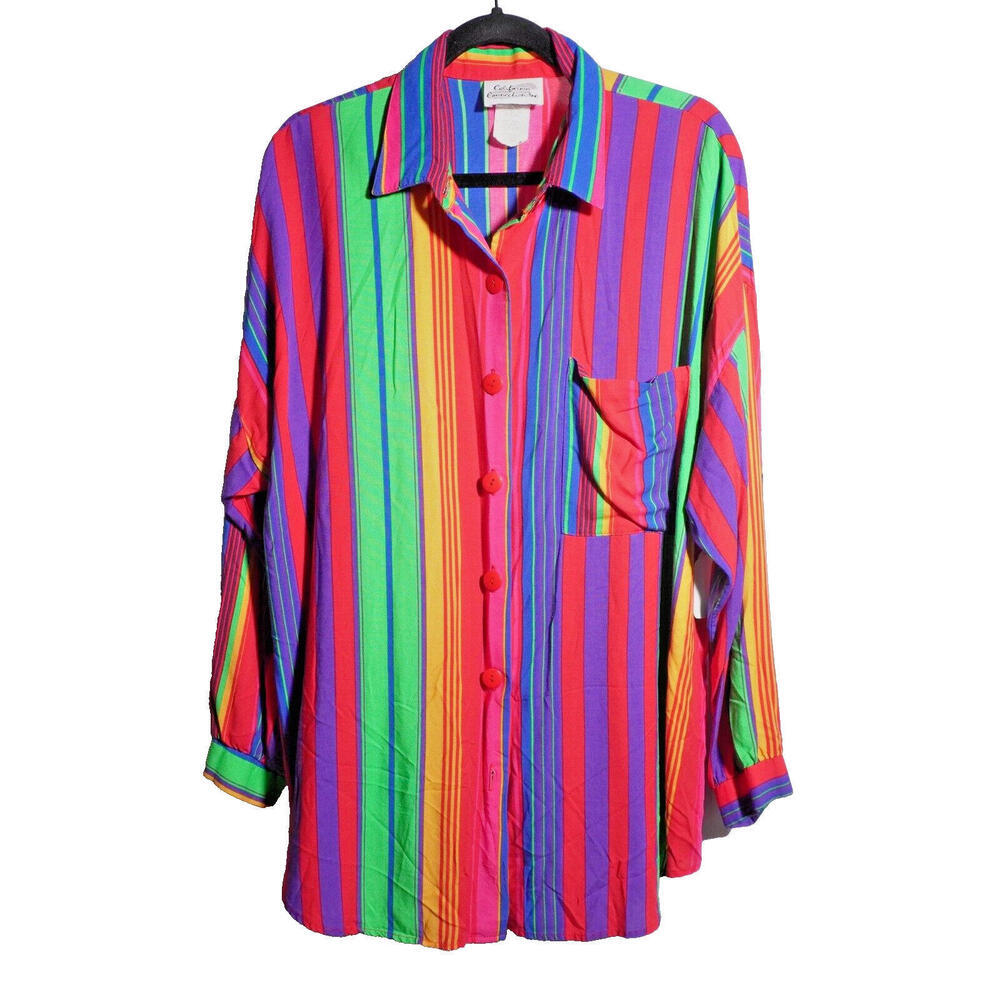 Vintage 90s Mens Rainbow Multicolored Striped Button Down Shirt 2XL Retro Bright